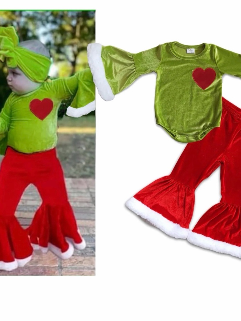 Green & Red Velvet Heart Kids Costume Set - Holiday Outfit